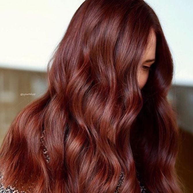 Mid-Back Red-Brown With Curtain Bangs Mid-Back Red-Brown With Curtain Bangs — Dark Hair Color