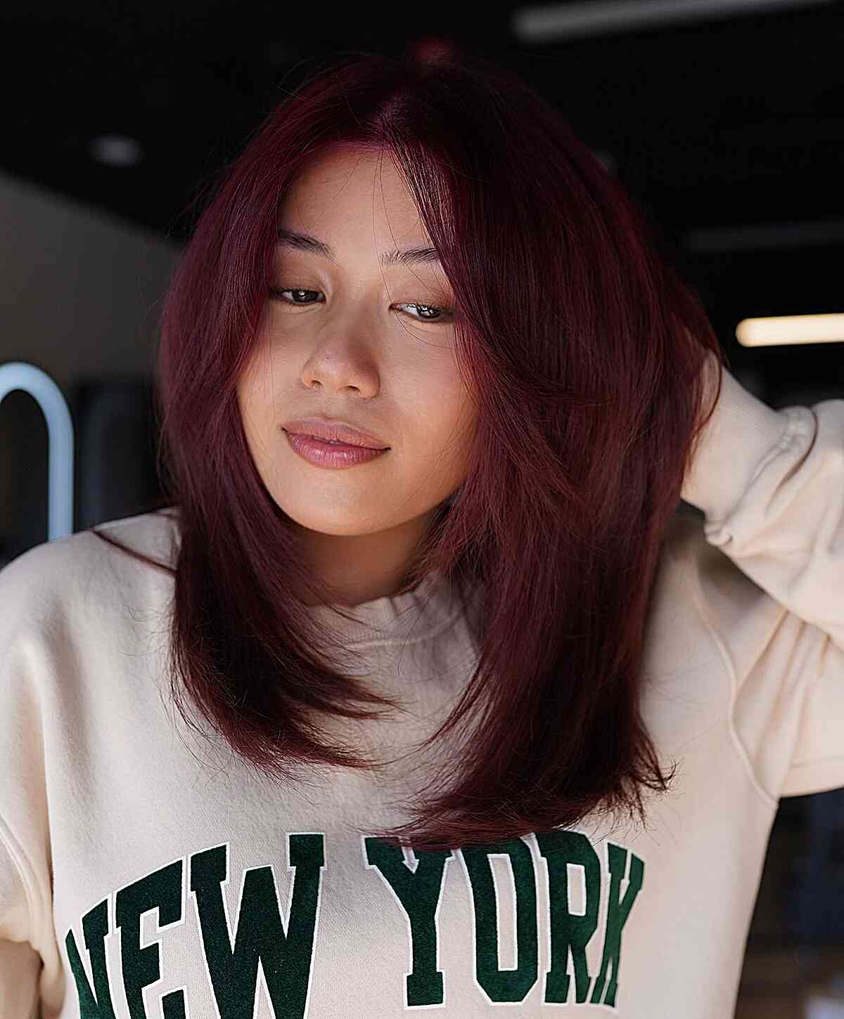 Mid-Back Dark Red With Lowlights Mid-Back Dark Red With Lowlights — Dark Hair Color