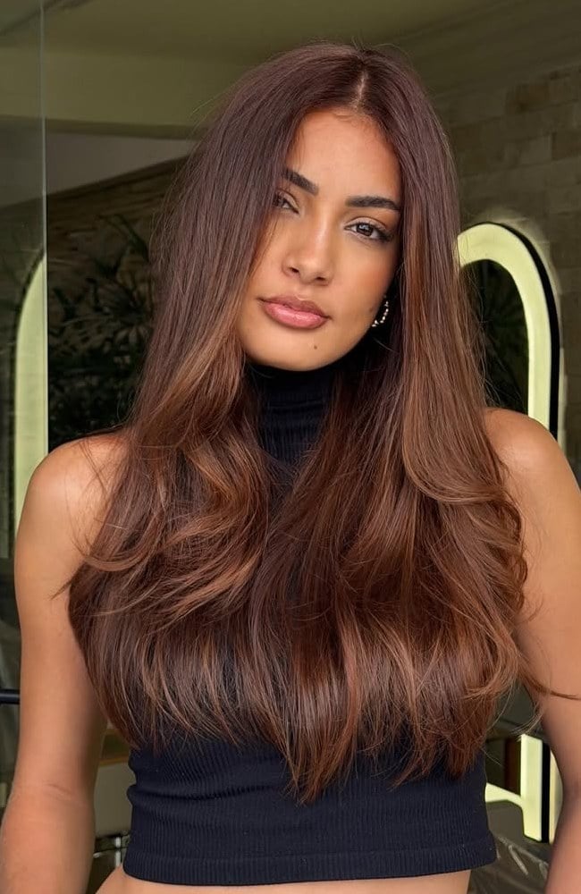Mid-Back Warm Brown With Highlights Mid-Back Warm Brown With Highlights — Dark Hair Color
