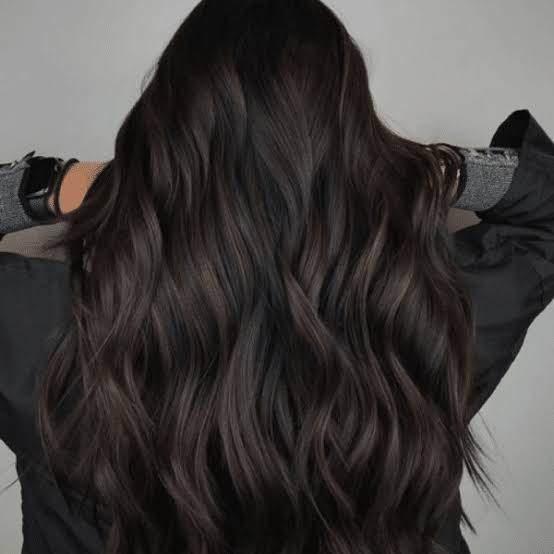 Mid-Back Ash Lowlights, Wavy Mid-Back Ash Lowlights, Wavy — Dark Hair Color