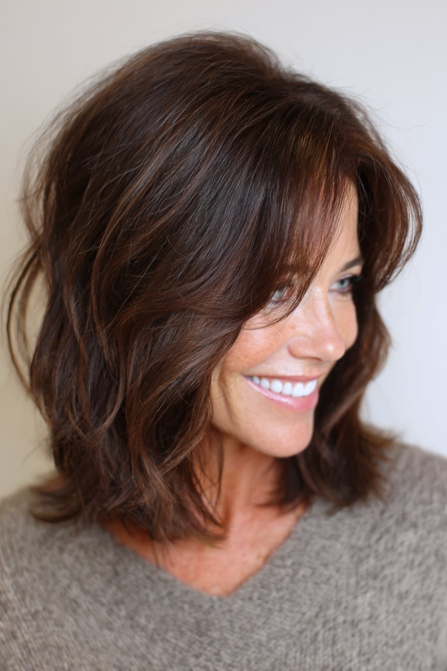 Collarbone Lob With Side-Swept Bangs Collarbone Lob With Side-Swept Bangs — Dark Hair Color