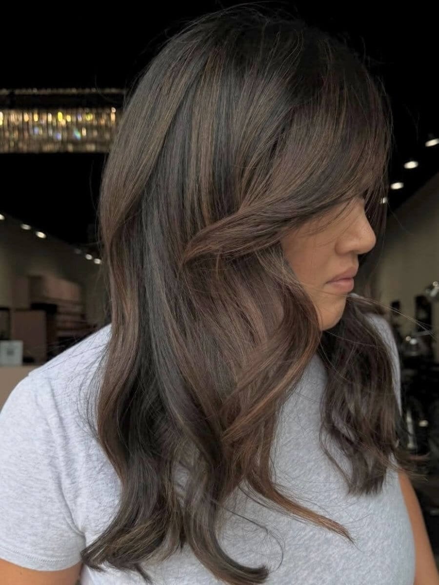 Collarbone Dark Brown With Lighter Highlights and Curtain Bangs Collarbone Dark Brown With Lighter Highlights and Curtain Bangs — Dark Hair Color