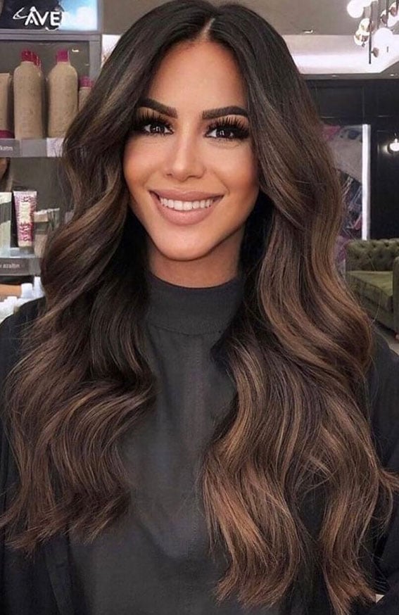 Mid-Back Waves With Rich Chocolate Highlights Mid-Back Waves With Rich Chocolate Highlights — Dark Highlights