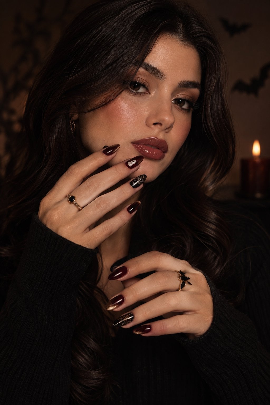 Medium Almond Halloween Nails with Bat Motifs — Dark Nails