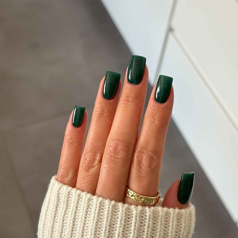 Short Square Deep Dark Green Glossy Nails With Possibly A Wall — Dark Nails