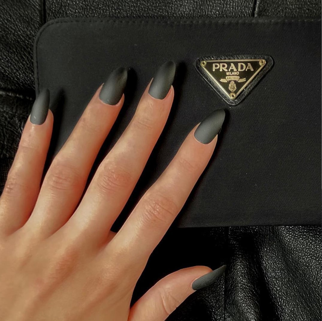Long Almond Black Matte Nails — Dark Nails