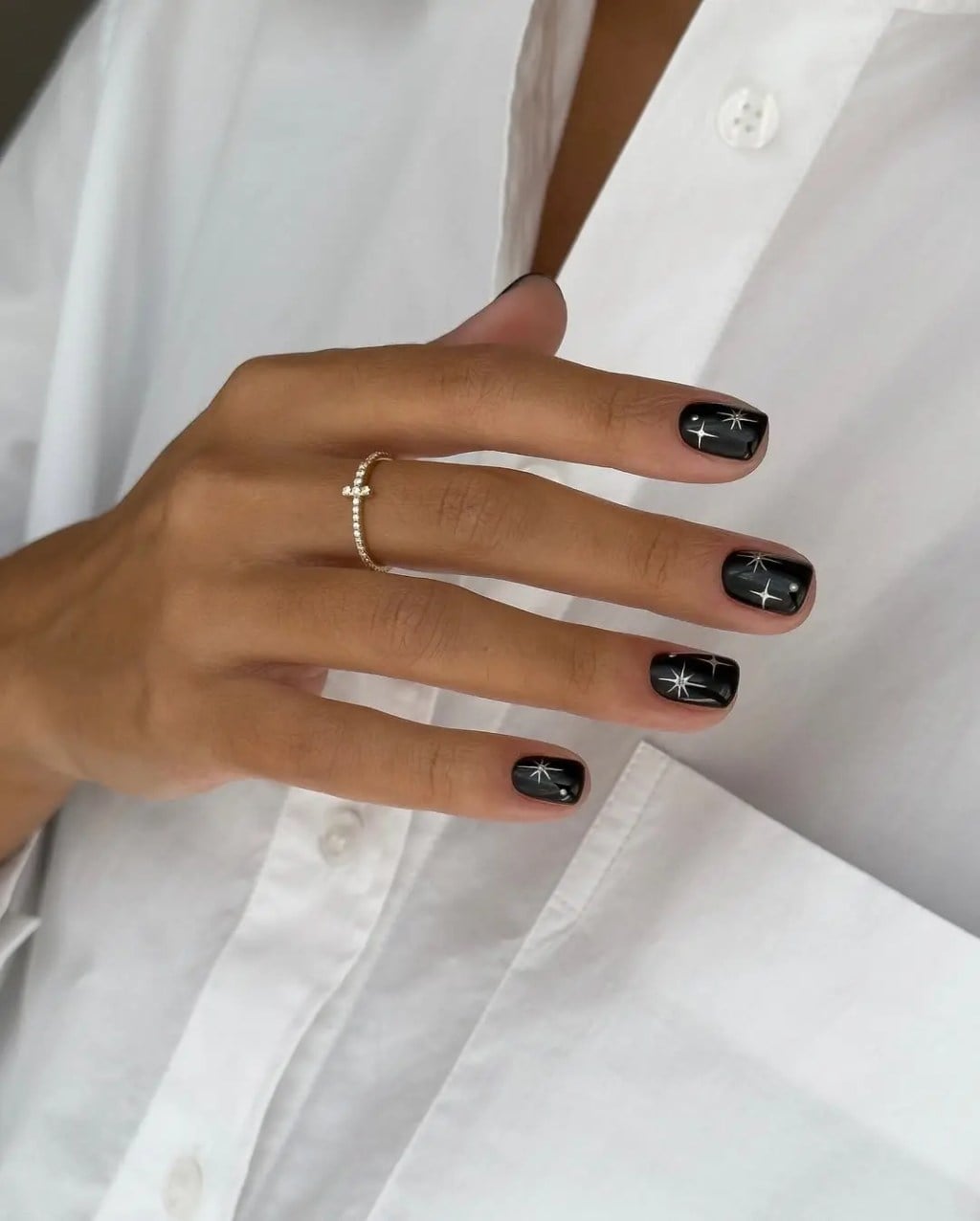 Short Square Black Nails with Silver Starbursts — Dark Nails