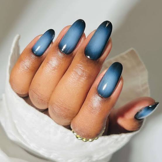 Medium Almond Dark Blue Gray Aura Nails — Dark Nails