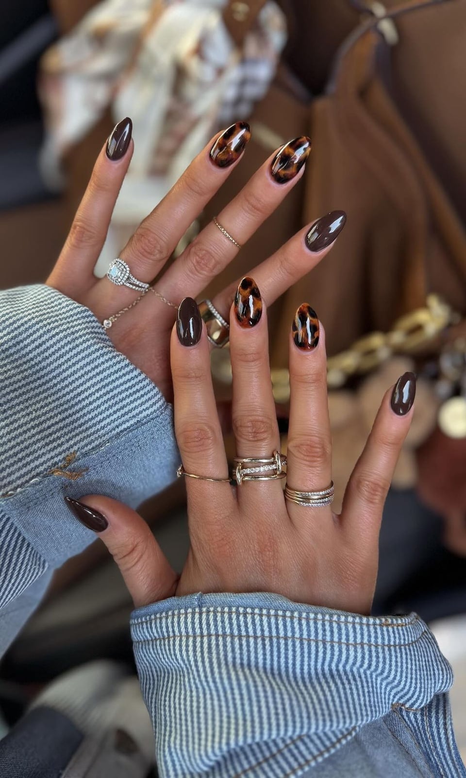 Long Almond Tortoiseshell Pattern Nails — Dark Nails