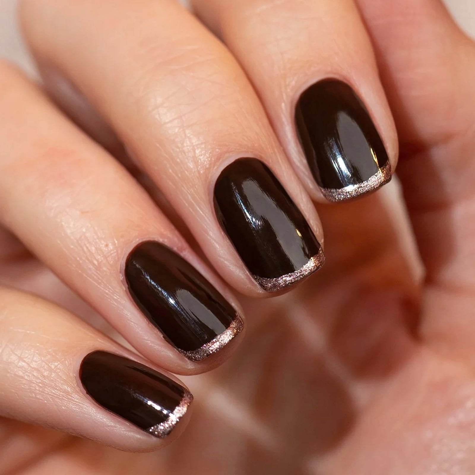 Short Oval Dark Brown with Silver Tip Nails — Dark Nails