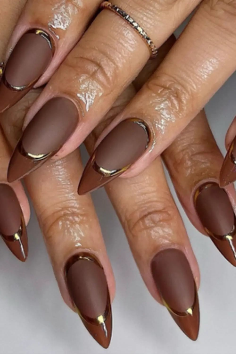 Long Stiletto Matte Brown with Gold Foil Cuticle Accent — Dark Nails