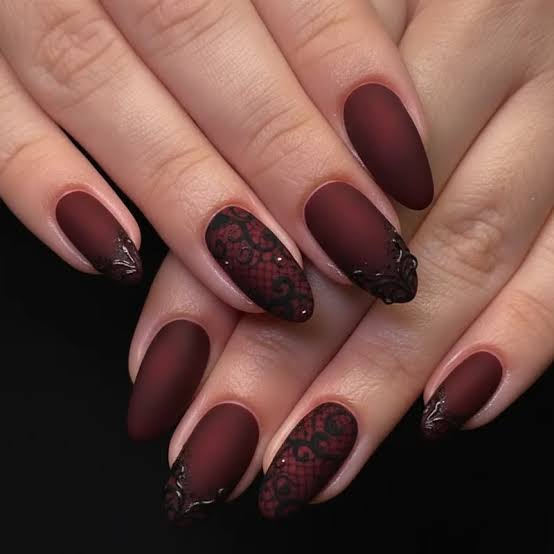 Long Almond Deep Burgundy Matte Lace Nails — Dark Nails