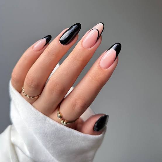 Medium Almond Black French Tip Nails — Dark Nails
