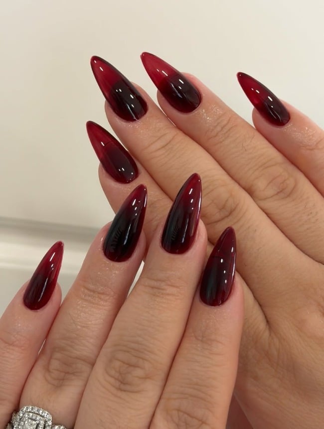 Long Stiletto Black Cherry Aura Ombre Nails — Dark Nails