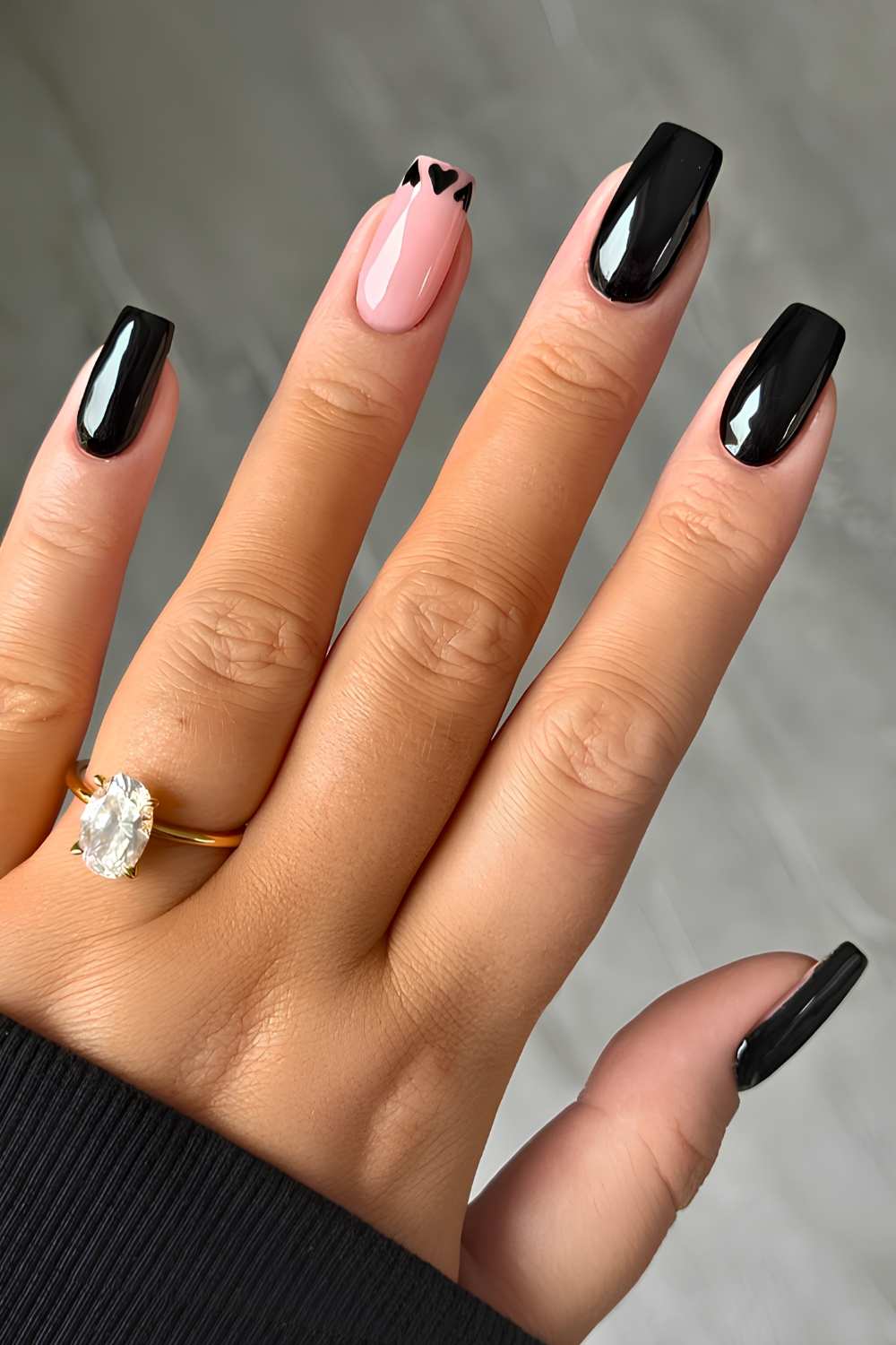 Short Square Black with Light Pink Heart Accent Nails — Dark Nails