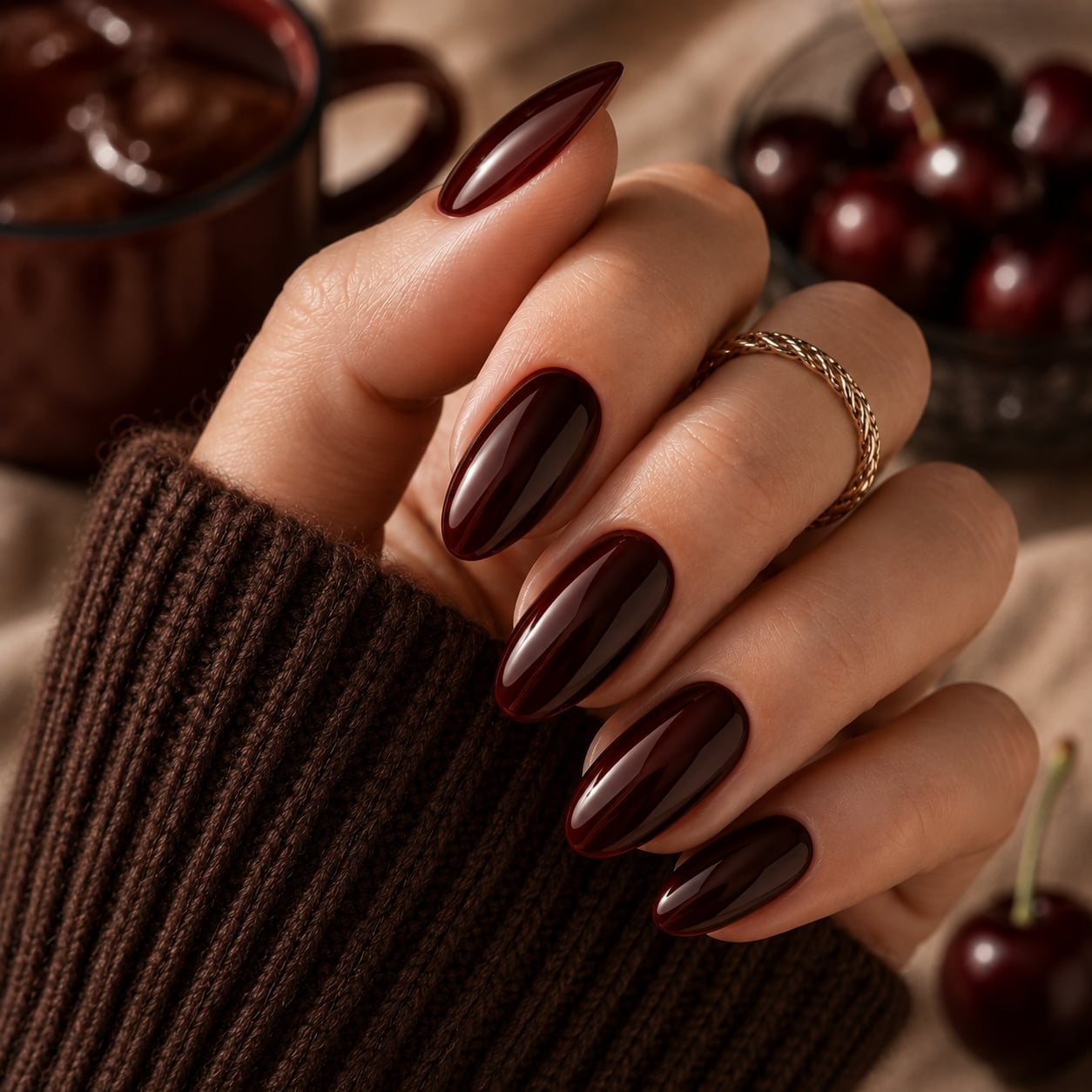 Medium Oval Dark Cherry Glossy Nails — Dark Nails