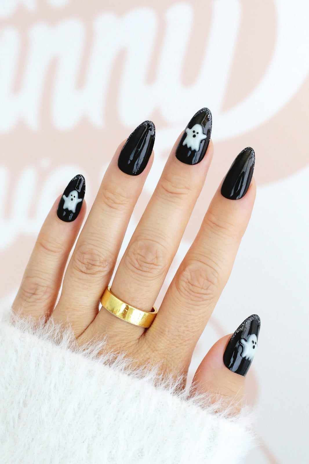 Medium Almond Black White Ghost Art Nails — Dark Nails