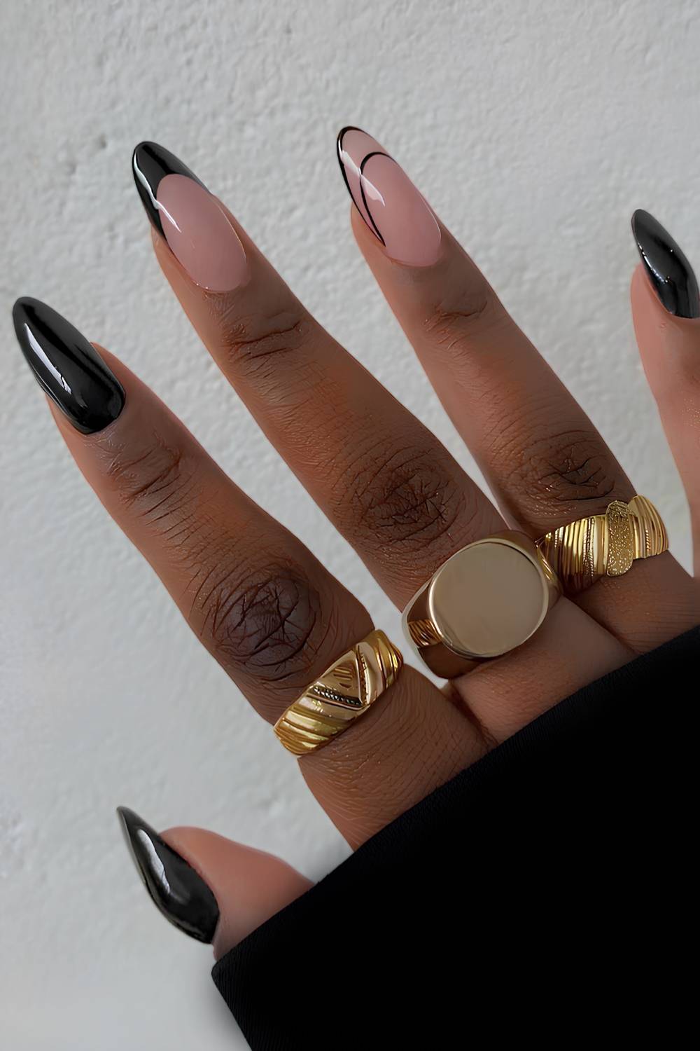Long Almond Black French Tip with Line Detail Nails — Dark Nails