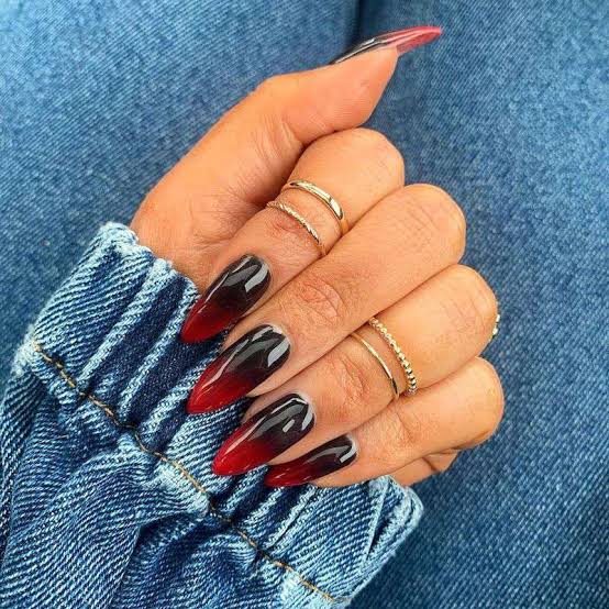 Long Stiletto Black to Red Ombre Gradient Nails — Dark Nails