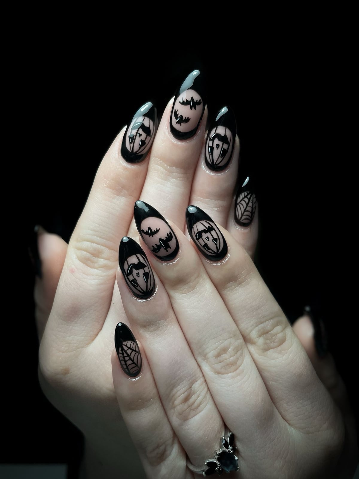 Medium Almond Glossy Black Transparent Tip Halloween Nails — Dark Nails