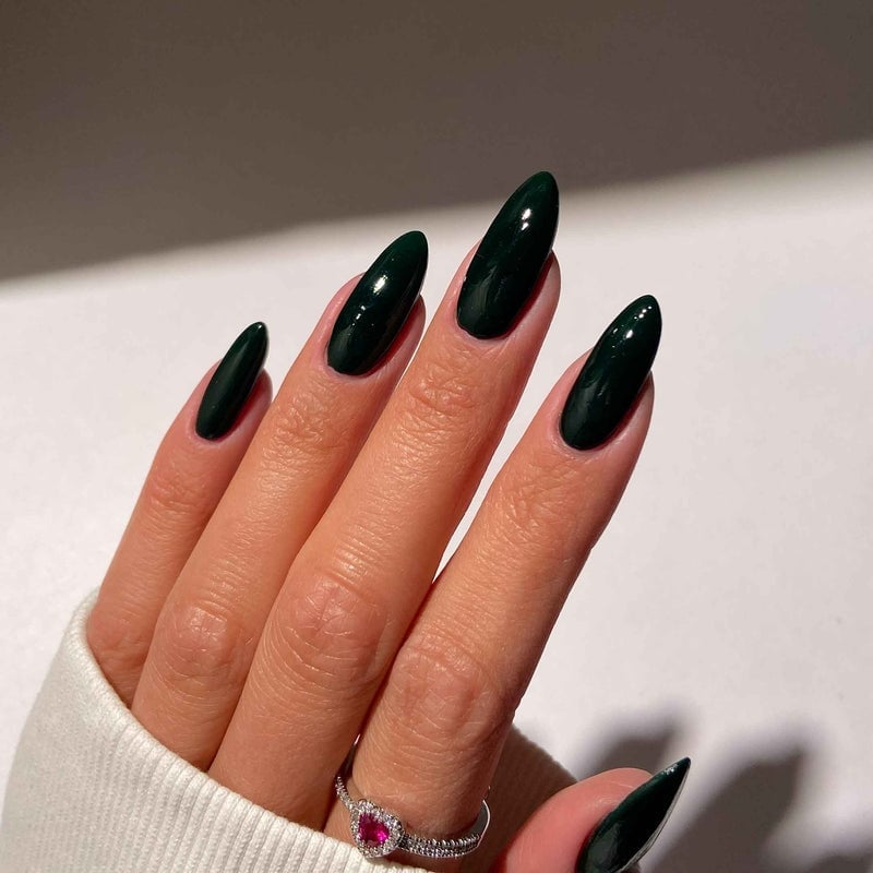 Long Almond Dark Green Glossy Nails — Dark Nails