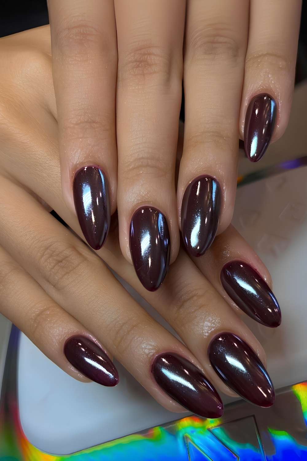 Long Almond Dark Burgundy Chrome Nails — Dark Nails