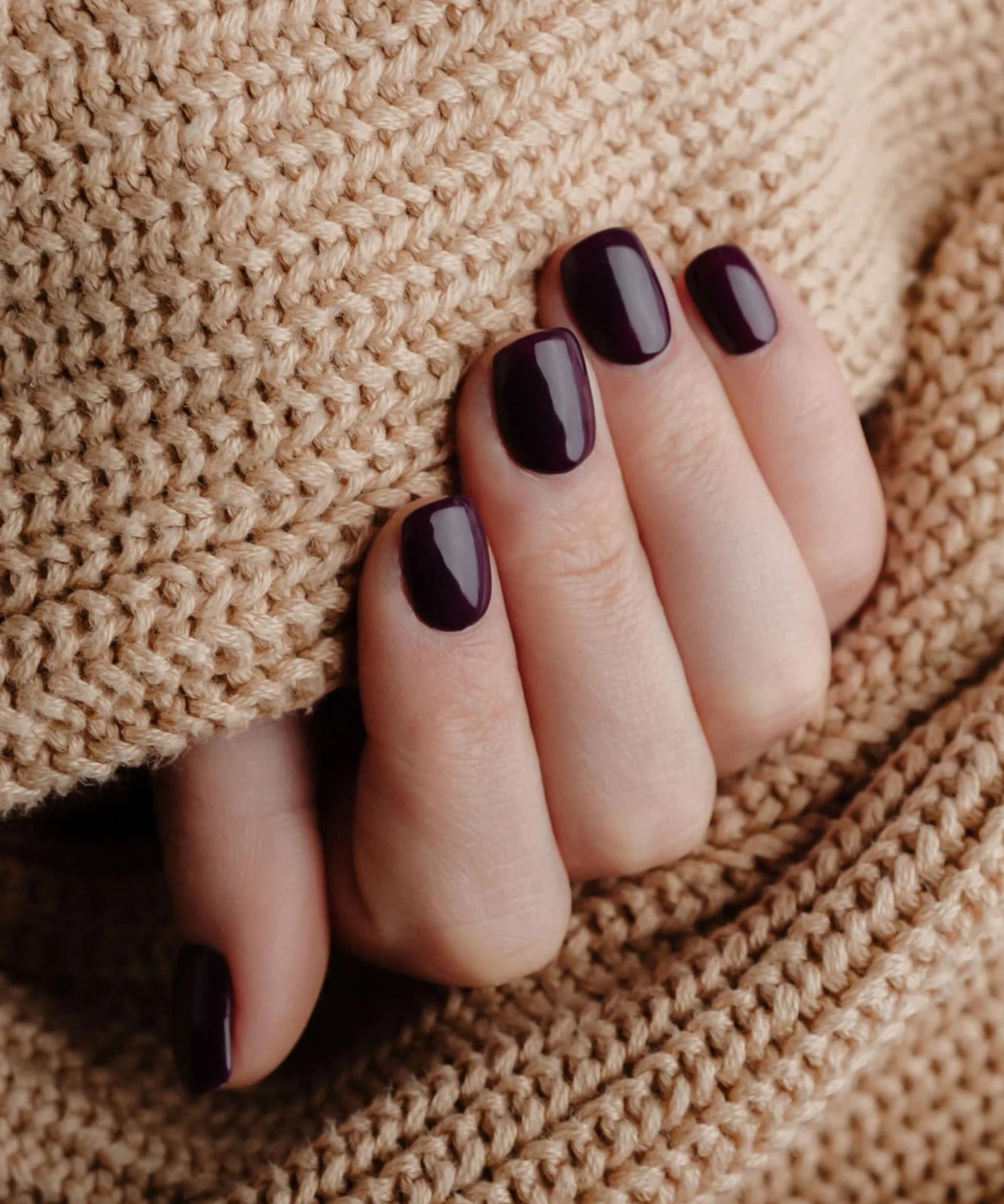 Short Square Deep Plum Glossy Nails — Dark Nails