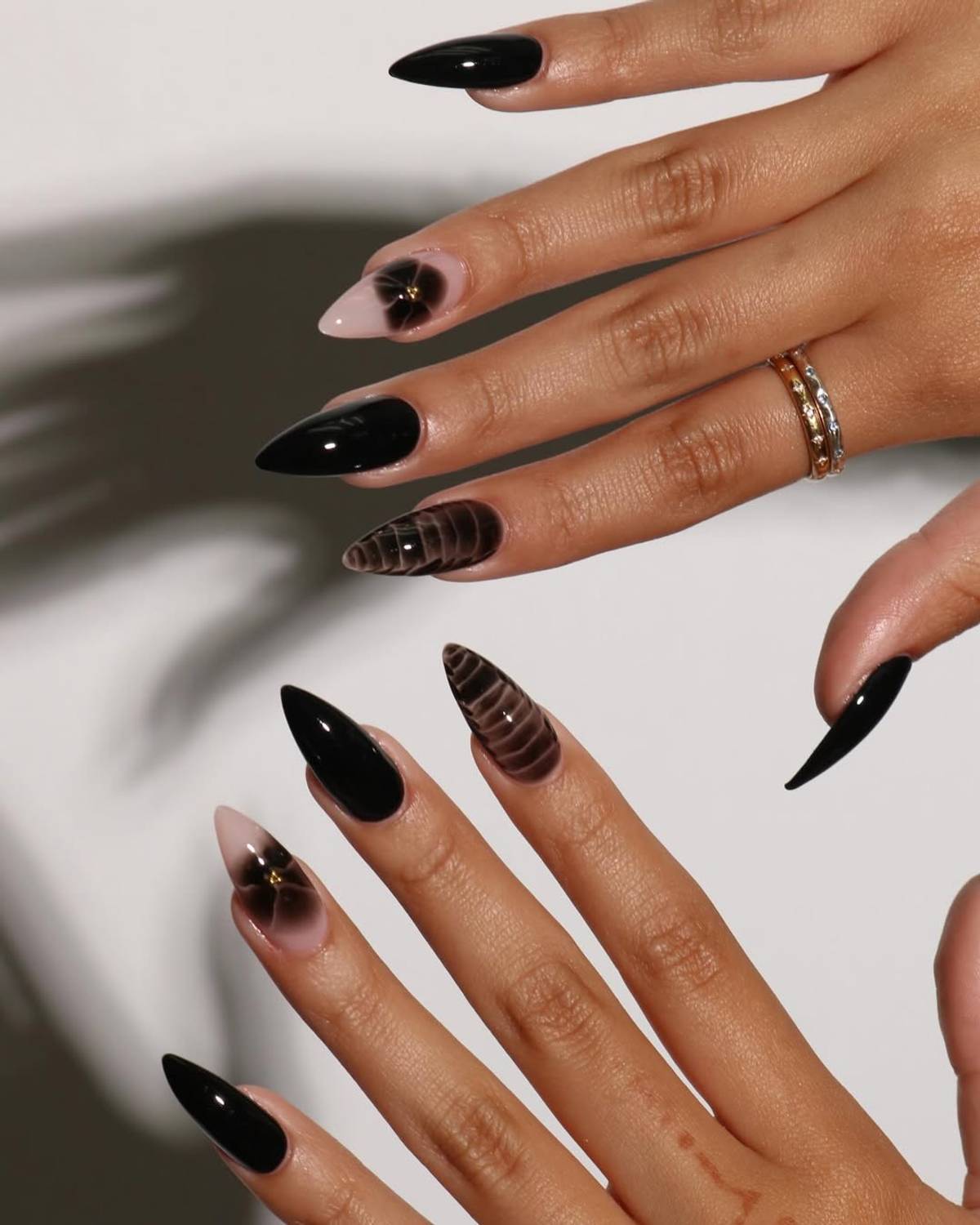 Stiletto Nails with Ribbed Ombre and Flower Accent — Dark Nails