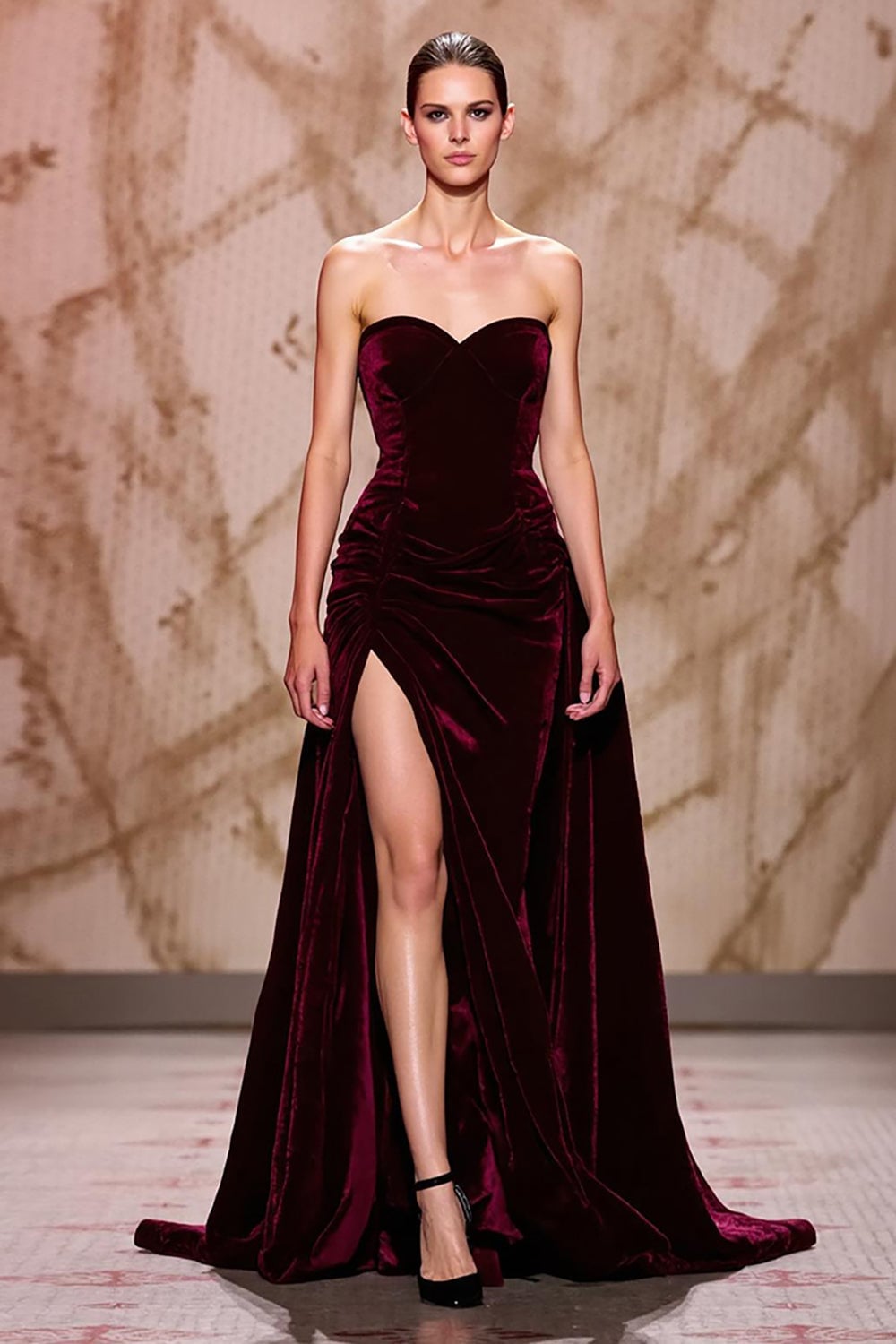 Dark Red Velvet Strapless Sweetheart Dress with High, Close-Up Take Dark Red Velvet Strapless Sweetheart Dress with High, Close-Up Take — Dark Red Dress