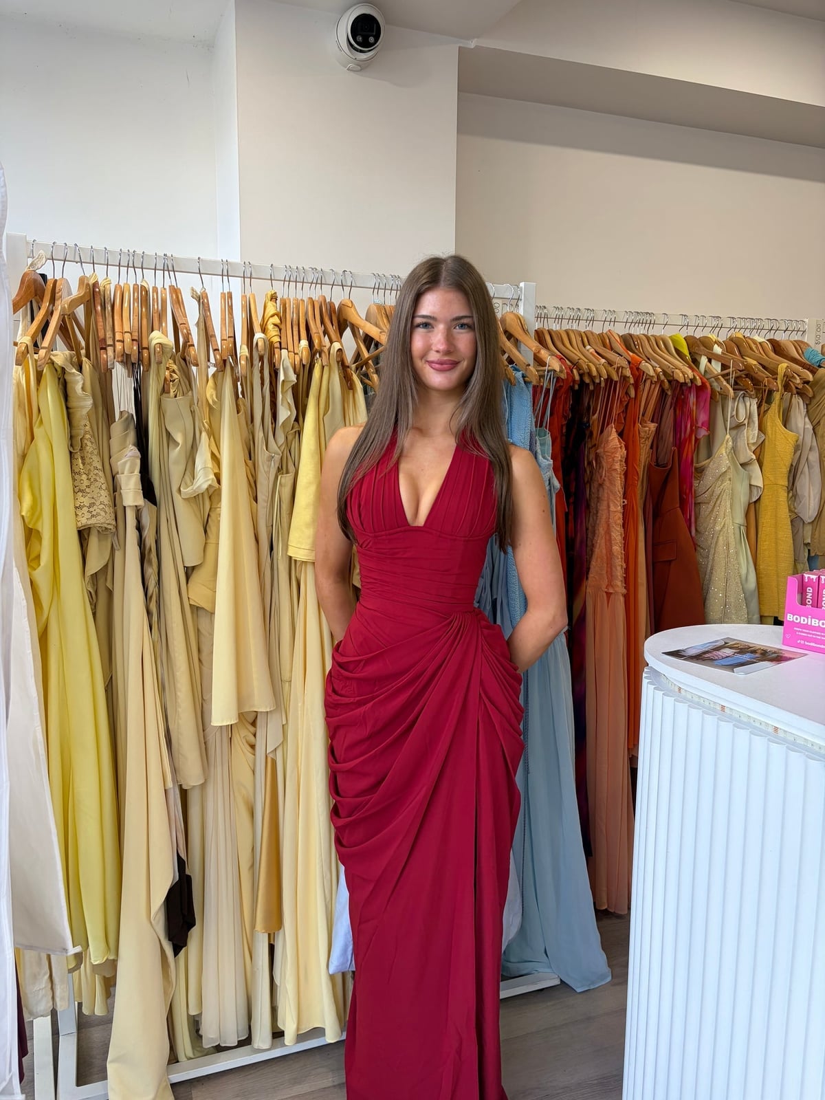 Deep Red Draped Maxi Dress with Plunging V-Neck Deep Red Draped Maxi Dress with Plunging V-Neck — Dark Red Dress