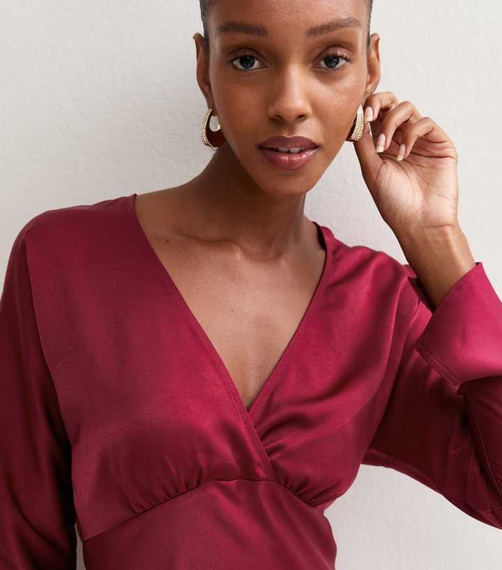 Dark Red Satin Wrap Mini Dress with Long Sleeves Dark Red Satin Wrap Mini Dress with Long Sleeves — Dark Red Dress