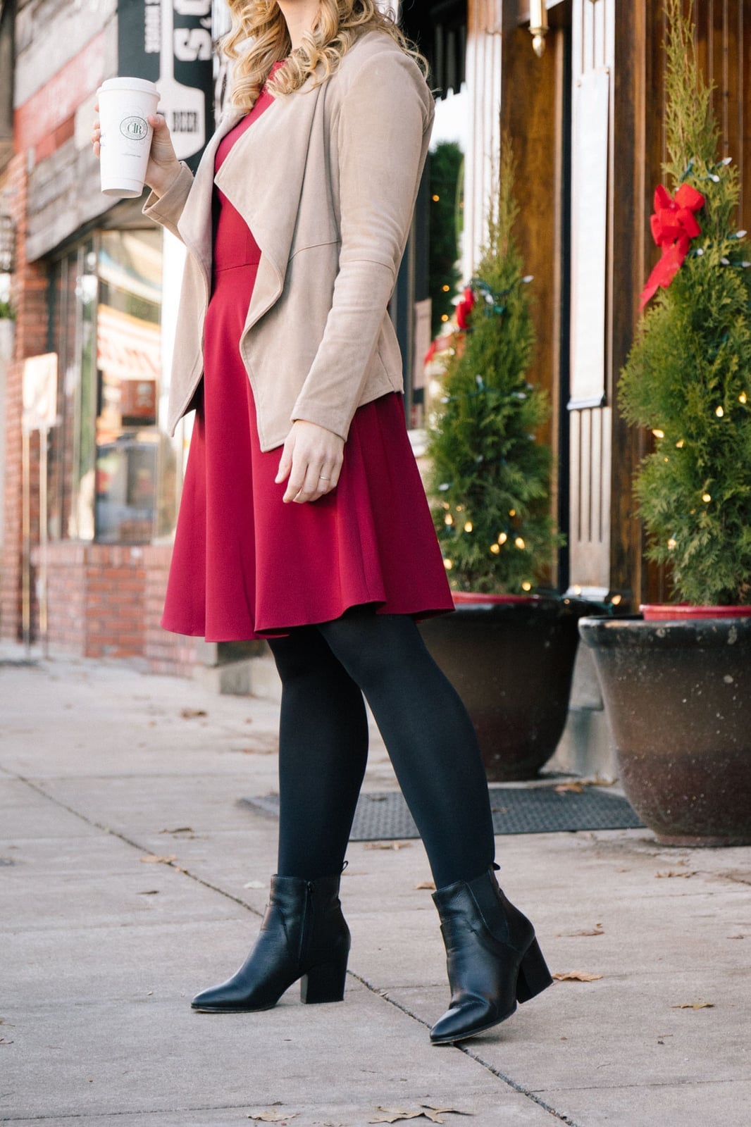 Red A-Line Dress Layered with Beige Suede Jacket Red A-Line Dress Layered with Beige Suede Jacket — Dark Red Dress