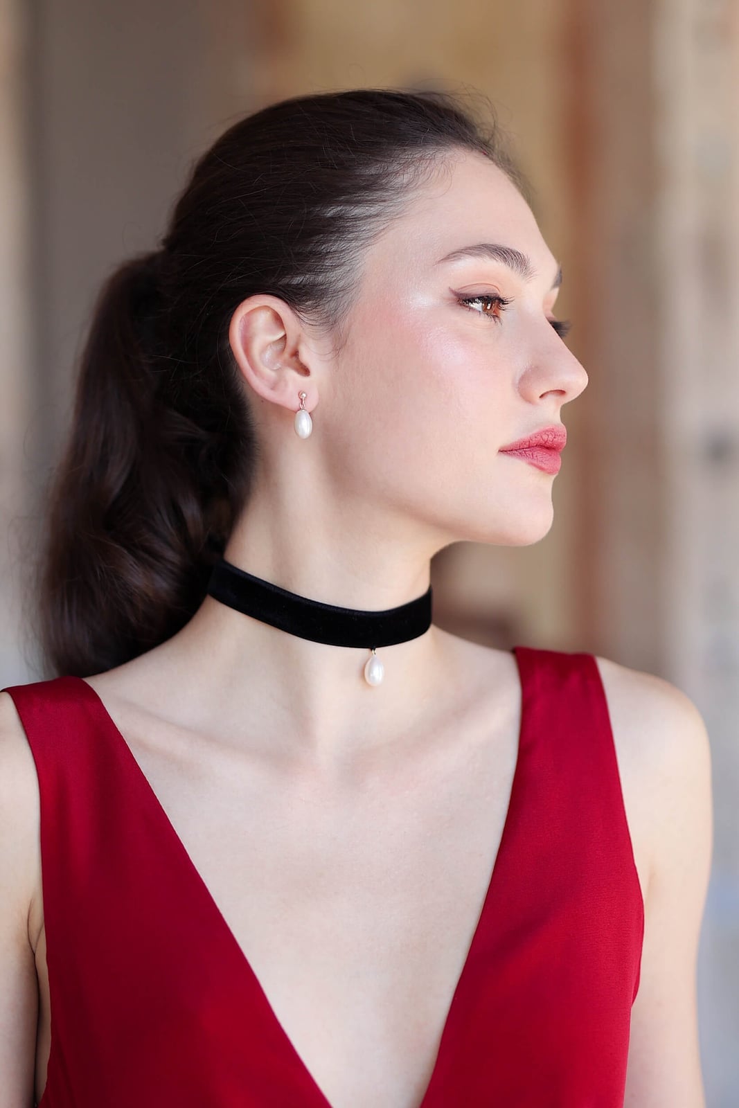 Dark Red Satin Dress with Deep V-Neck and Pearl Choker Dark Red Satin Dress with Deep V-Neck and Pearl Choker — Dark Red Dress
