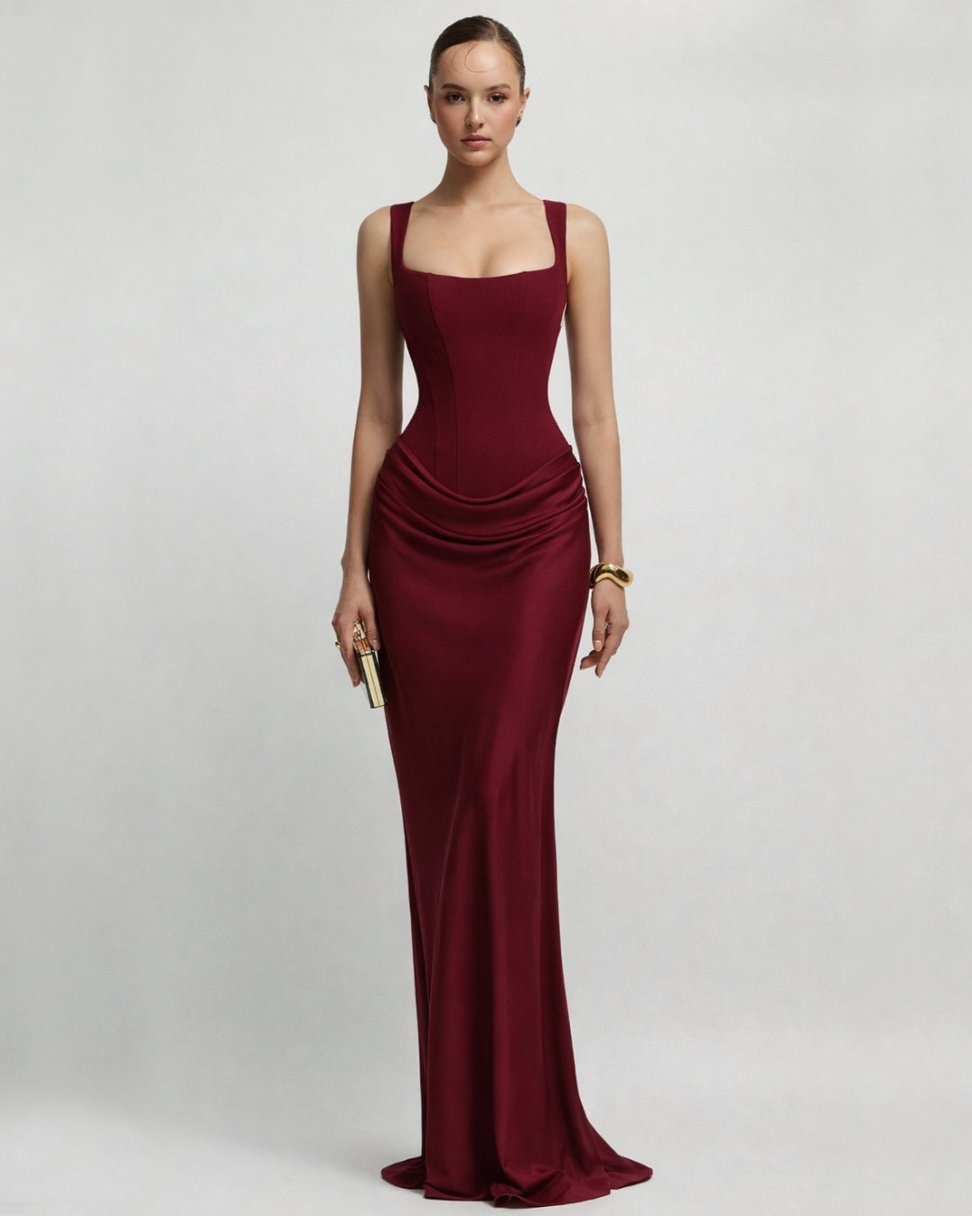 Burgundy Stretch Jersey Long Gown with Draped, Office-Safe Version Burgundy Stretch Jersey Long Gown with Draped, Office-Safe Version — Dark Red Dress