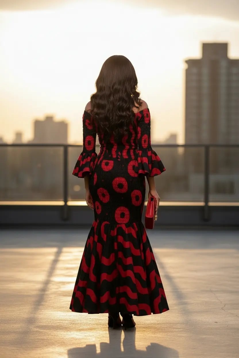 Red and Black African Print Off-Shoulder Smocked Dress Red and Black African Print Off-Shoulder Smocked Dress — Dark Red Dress
