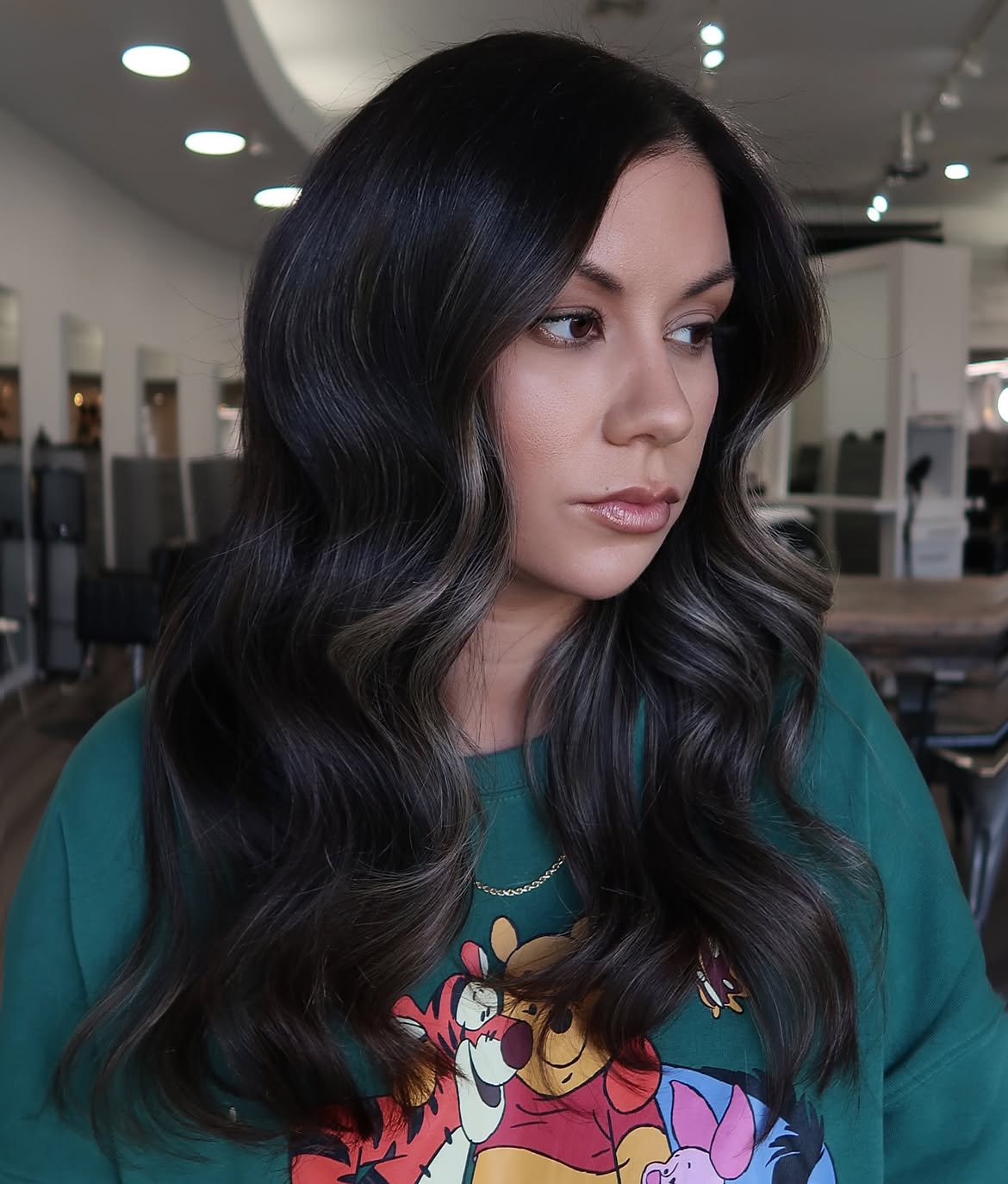 Deep Brunette Waves With Ash Blonde Highlights