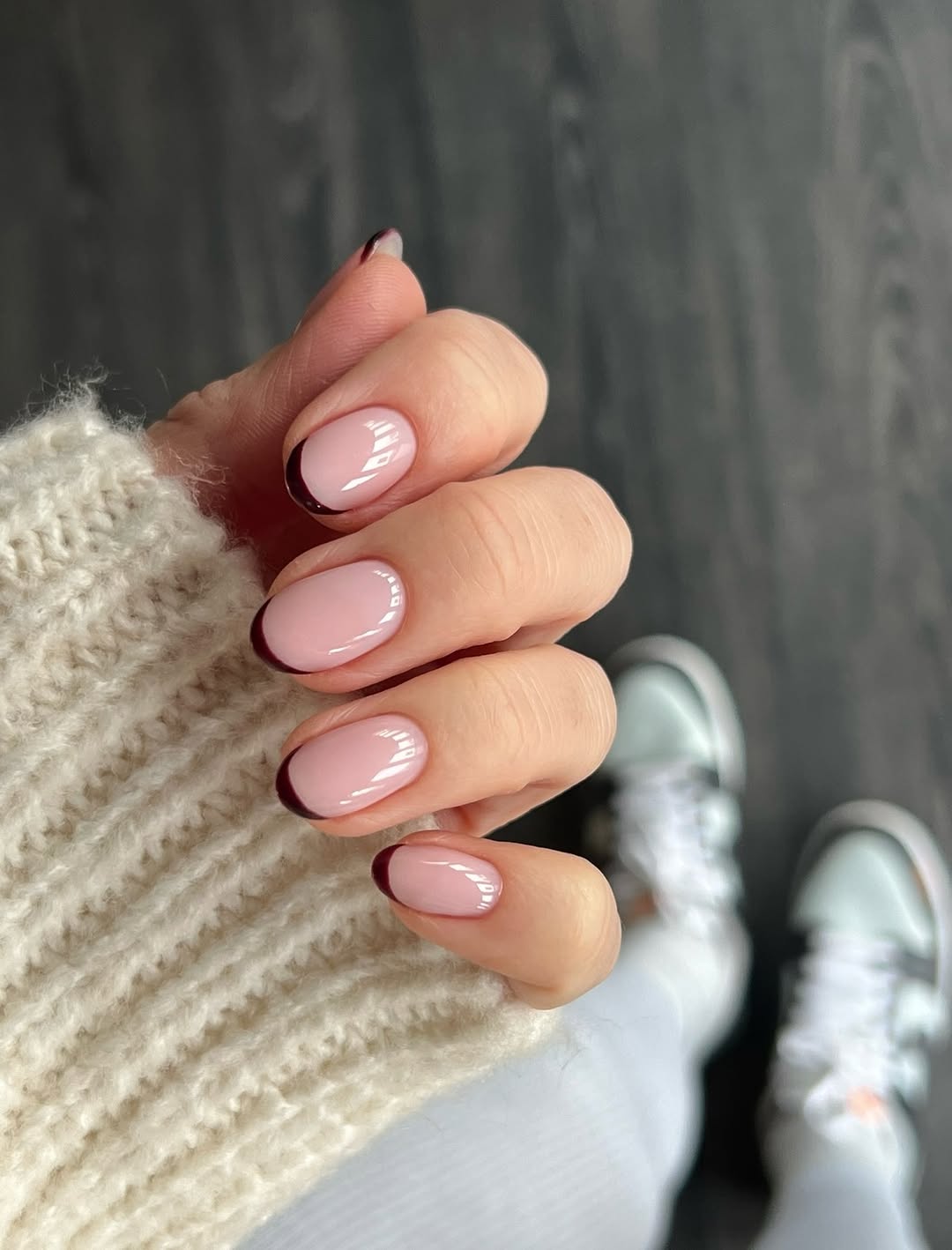 Deep Burgundy French Tip Oval Nails