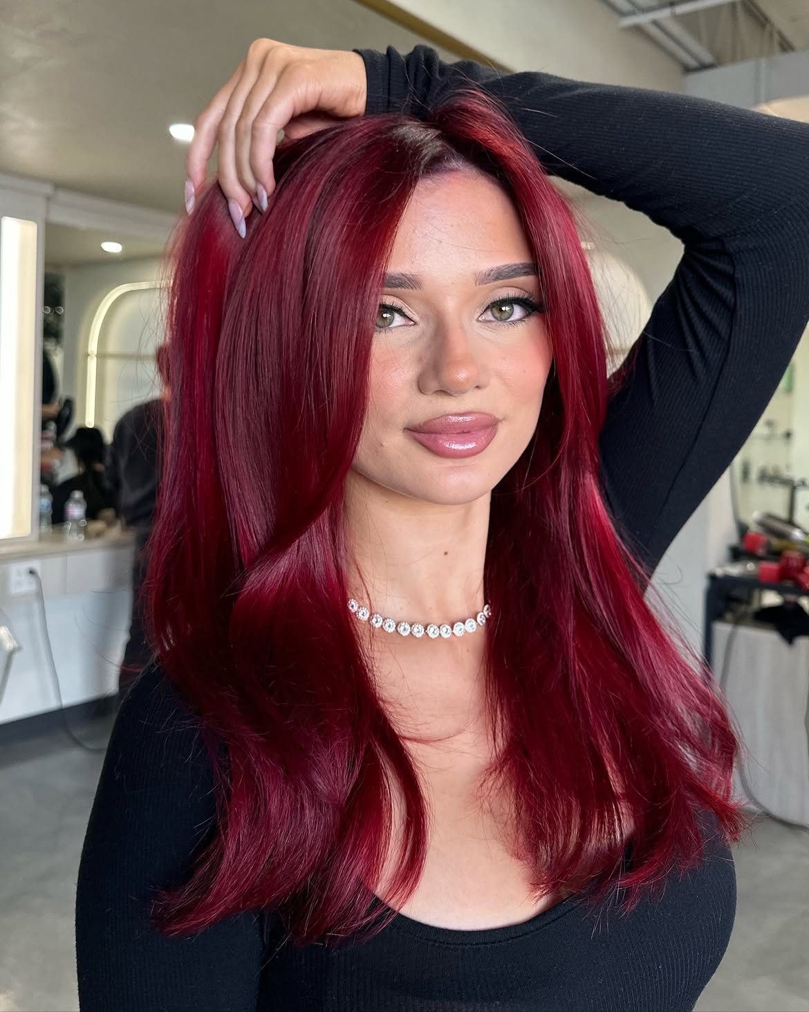 Deep Cherry Red Waves With Face Framing Layers