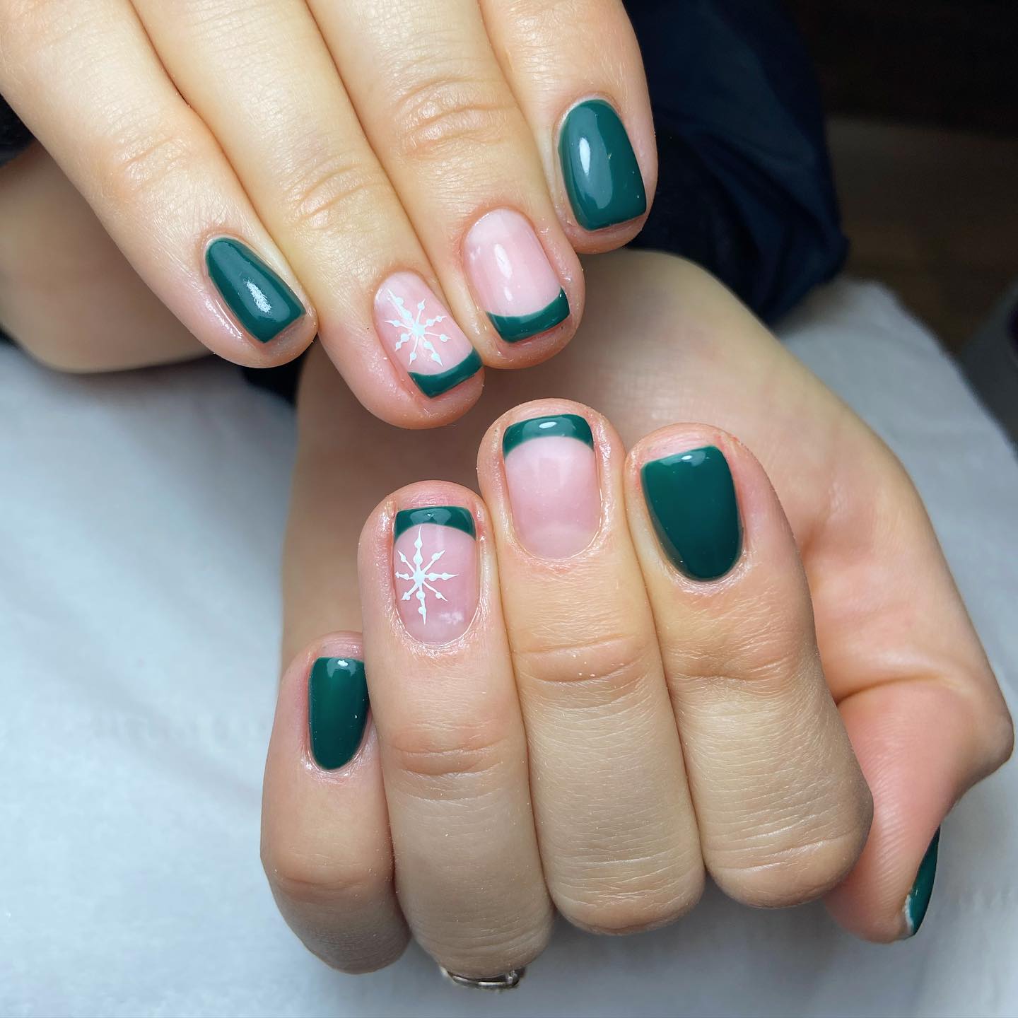 Deep Emerald French Tip Snowflake Nails