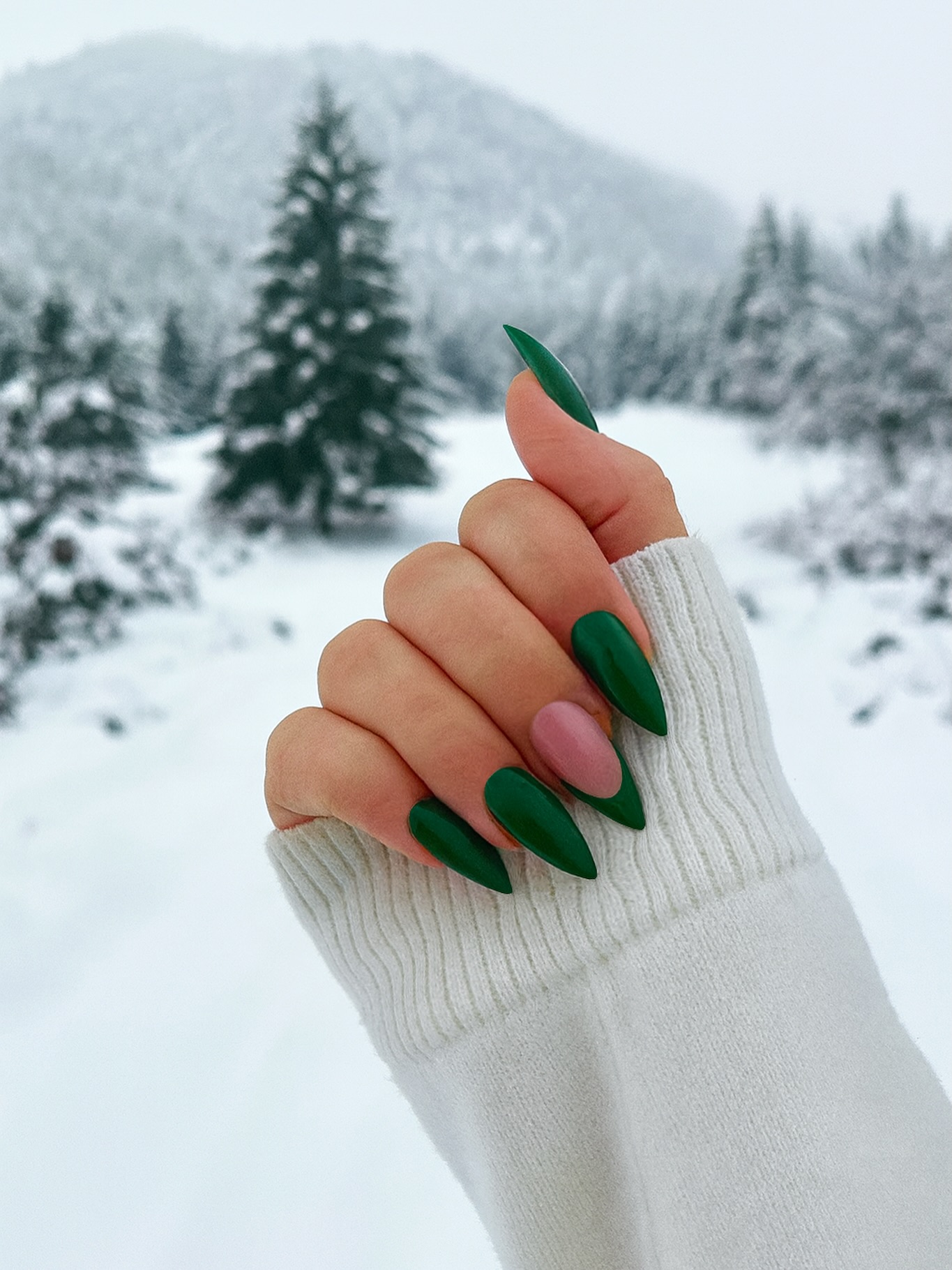 Deep Forest Green Almond French Nails