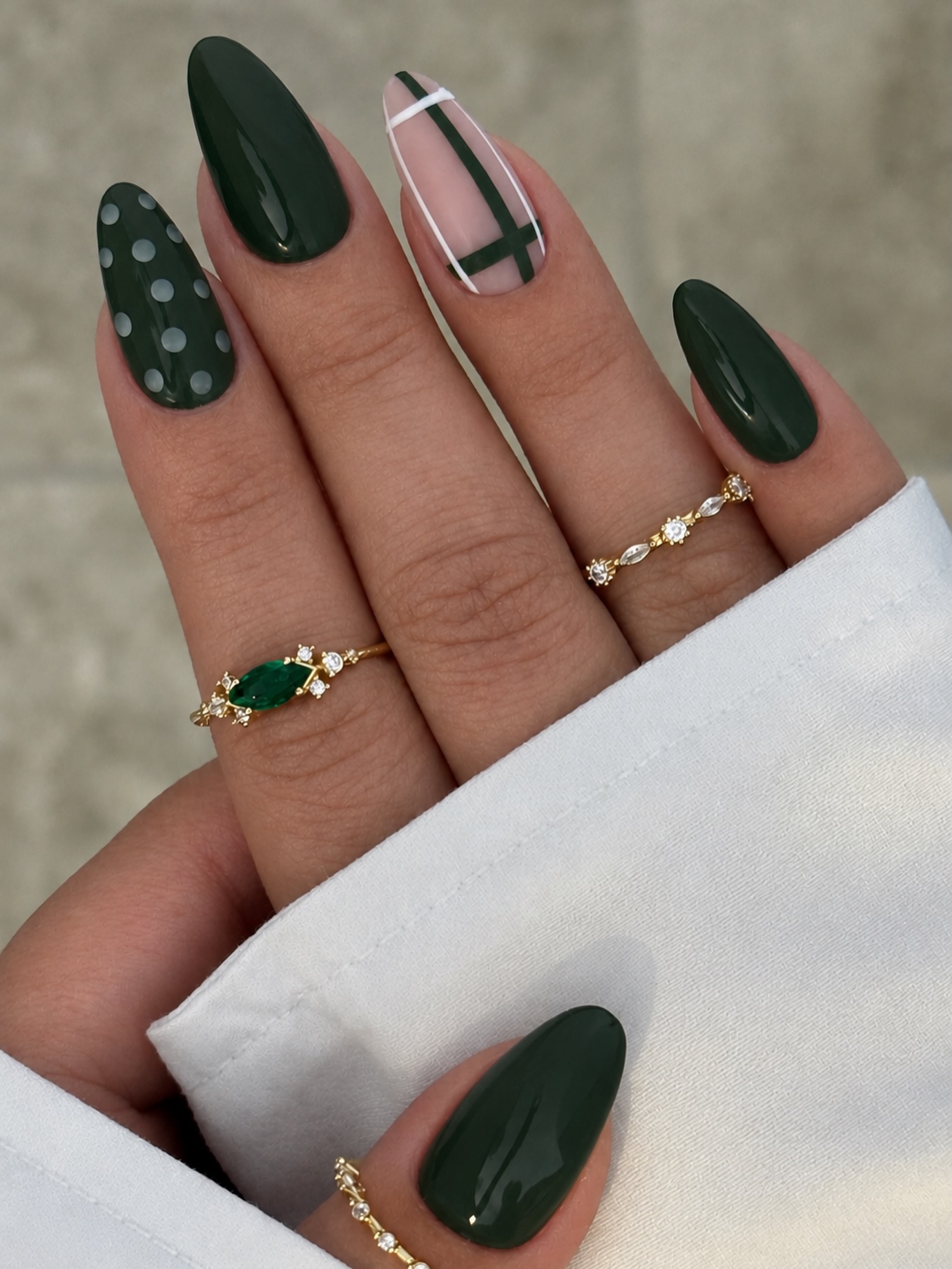 Deep Forest Green Oval Nails with Polka Dot and Plaid Art