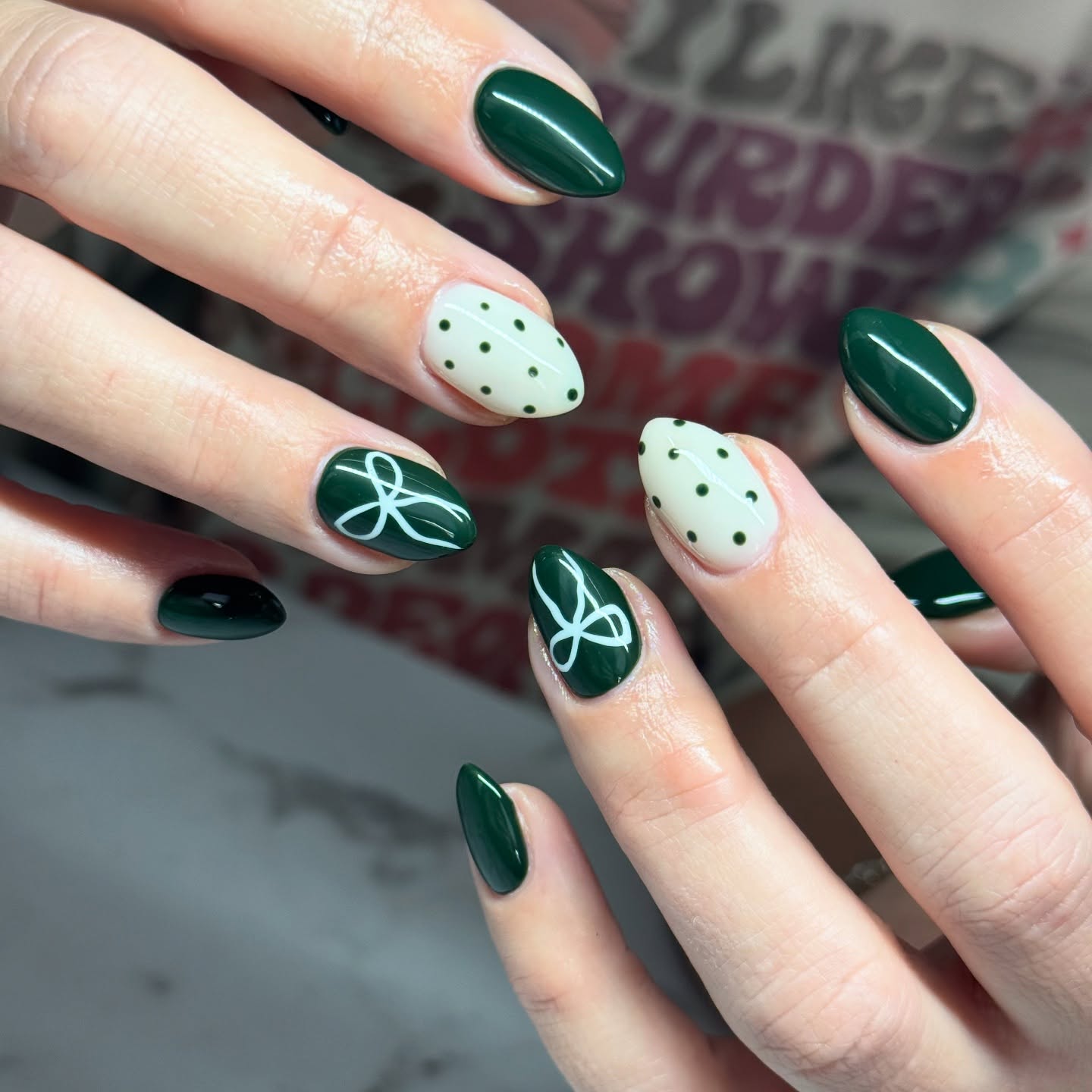 Deep Forest Green Oval Nails with White Accents