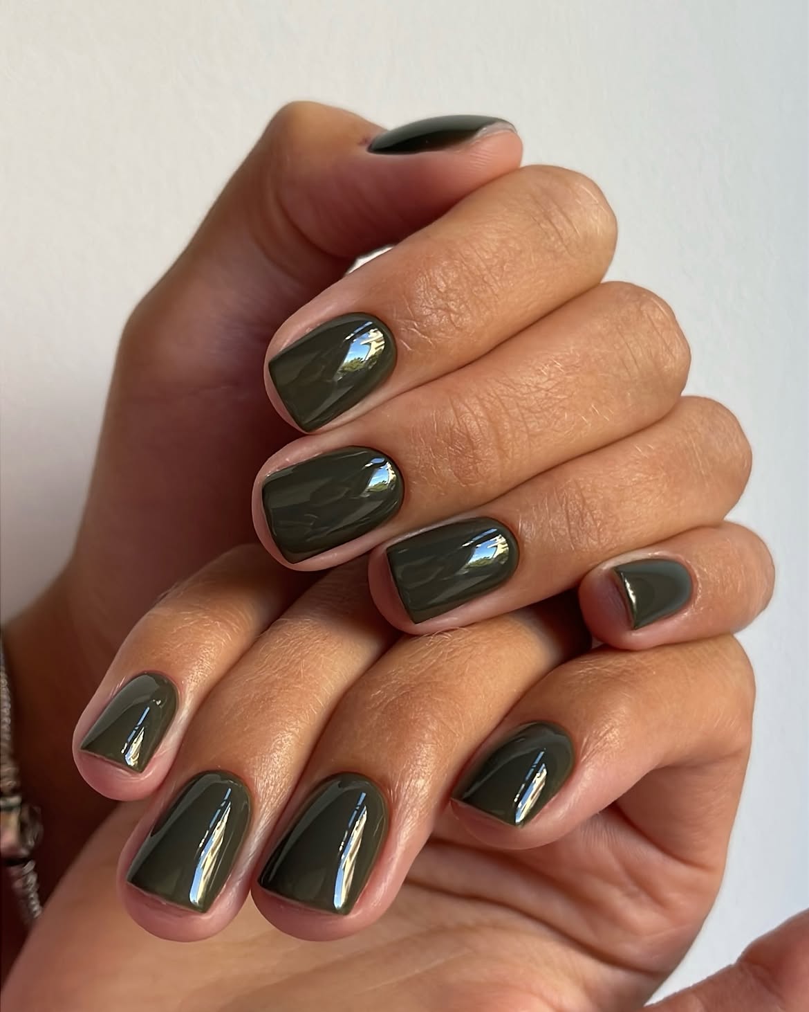 Deep Olive Green Glossy Short Squoval Nails