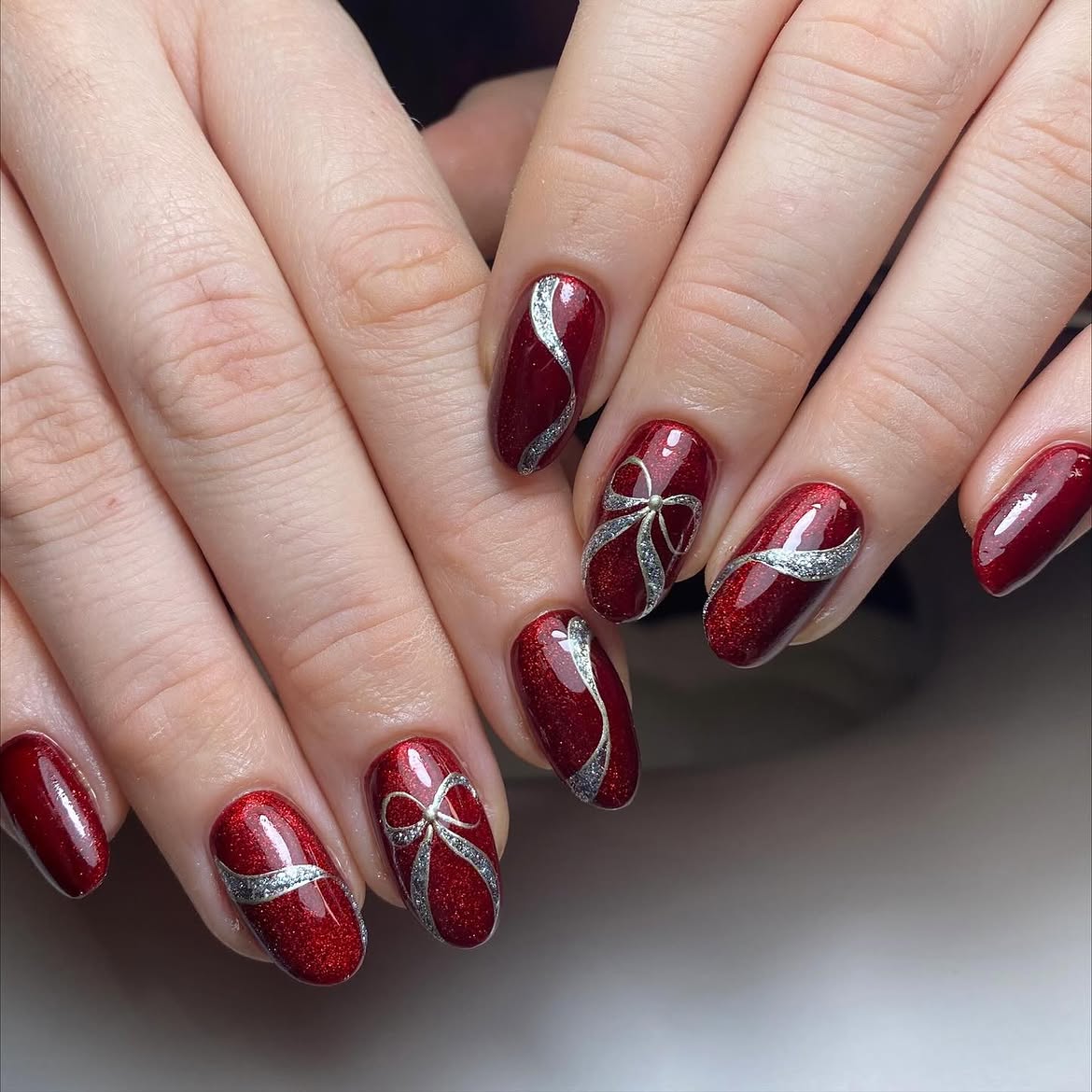Deep Red Glitter Bow French Manicure