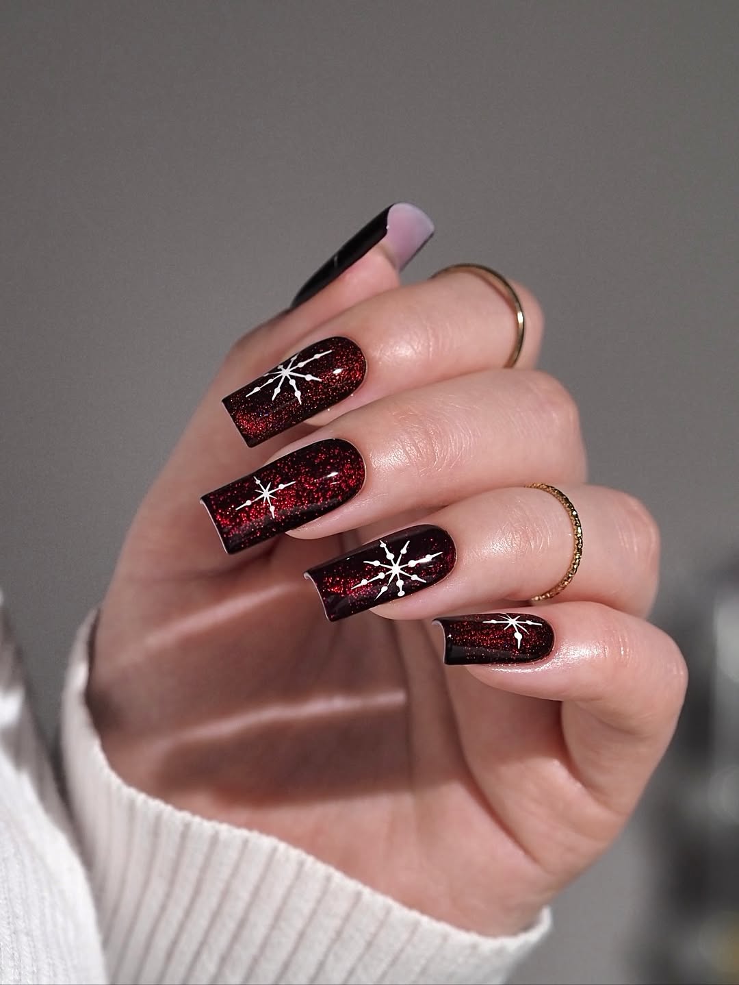 Deep Red Glitter Snowflake Coffin Nails