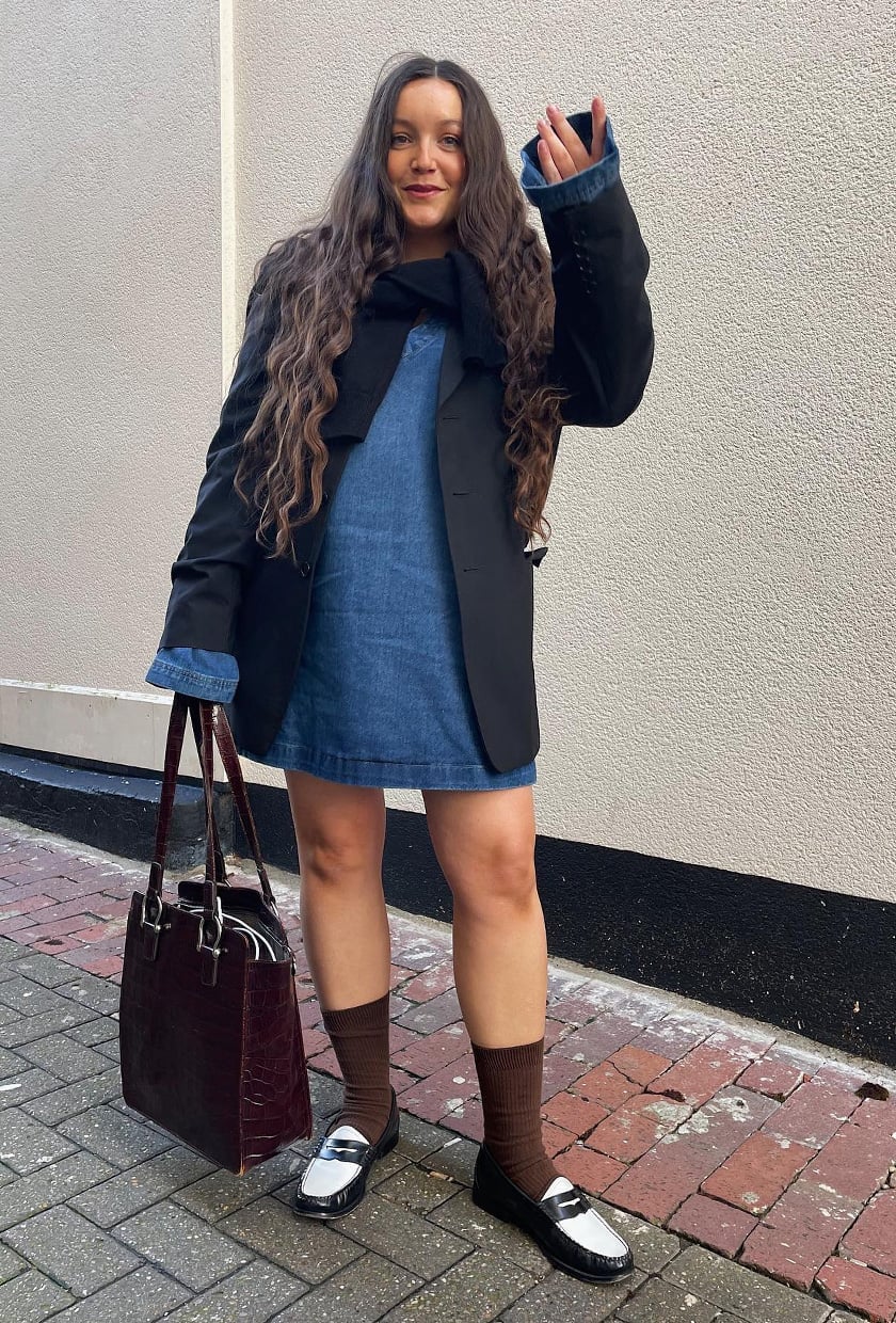 Blue Mini Dress with Oversized Blazer and Loafers — Denim Dress Outfits