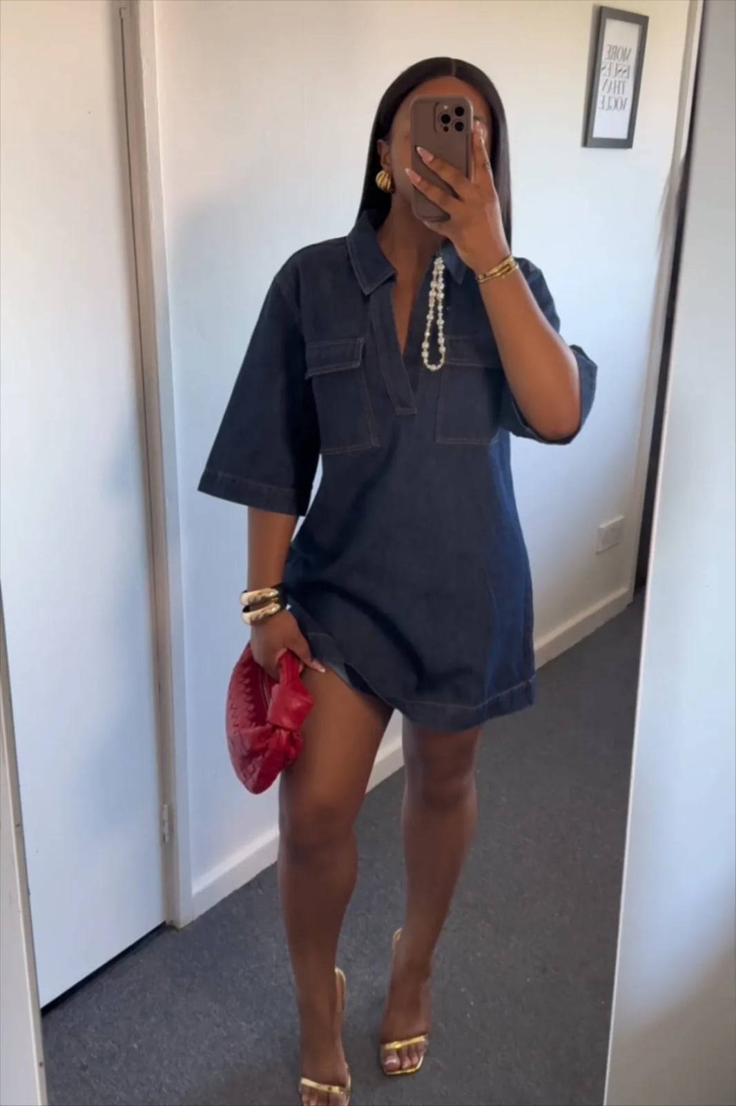 Dark Wash Oversized Shirt Dress with Strappy Heels and Red Clutch — Denim Dress Outfits