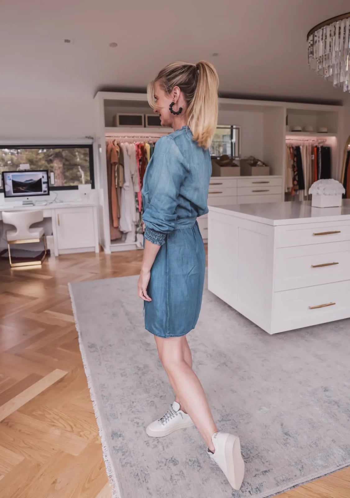 Light Blue Cinched Mini Shirt Dress with Sneakers and Hoop Earrings — Denim Dress Outfits