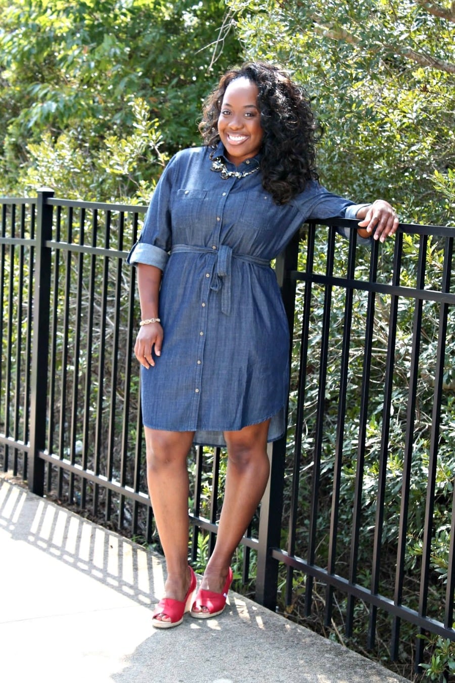 Medium Blue Belted Shirt Dress with Rolled Sleeves and Red Wedges — Denim Dress Outfits