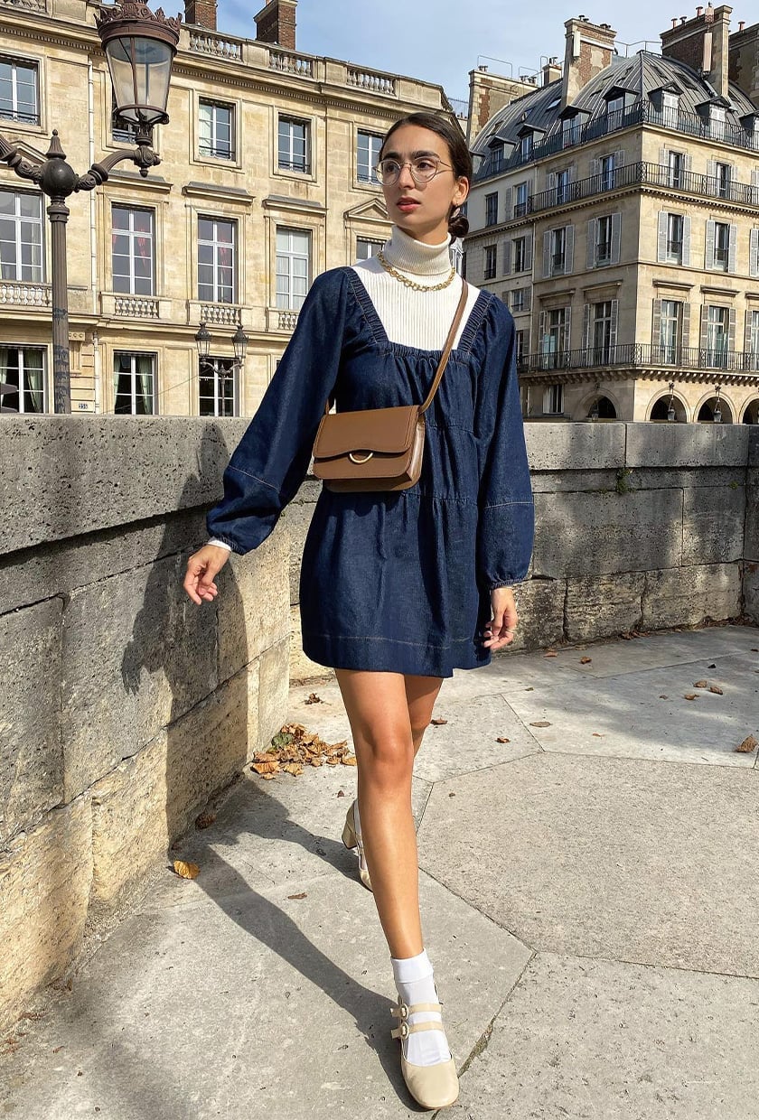 Dark Wash Babydoll Mini Dress Layered Over Turtleneck with Mary Janes — Denim Dress Outfits